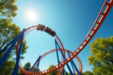 Close-up of a rollercoaster track sharply curving against a clear blue sky, capturing the excitement and thrill of amusement park rides. Dynamic and adventurous theme park concept.