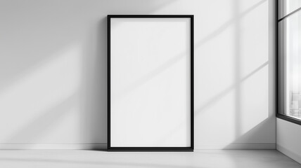 Black rim frame blank white near window with shadow frame mockup for picture