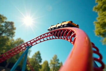 Close-up of a rollercoaster track sharply curving against a clear blue sky, capturing the excitement and thrill of amusement park rides. Dynamic and adventurous theme park concept.