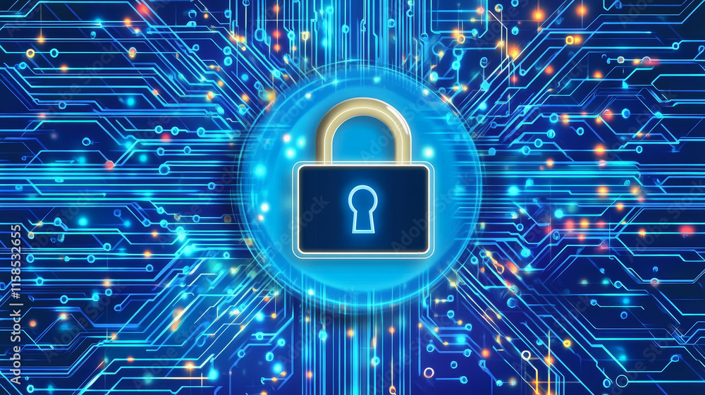 Poster abstract lock cyber security privacy protection icon on blue background and binary