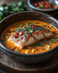 Fish Curry with Garnish, Wooden Surface, Warm Lighting for Stock Photography