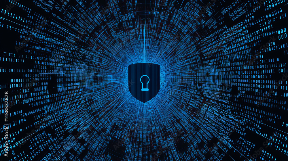 Poster abstract lock cyber security privacy protection icon on blue background and binary