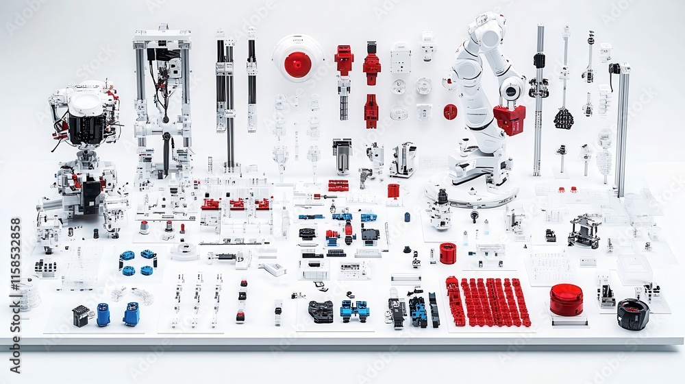 Poster a collection of mechanical components and accessories arranged neatly on a white surface, featuring 