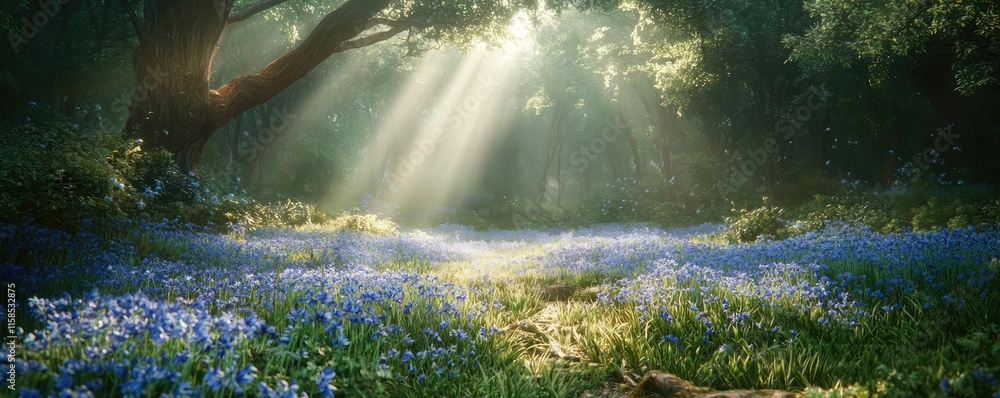 Poster blue wildflower idea. serene forest scene with sunlight filtering through trees over a field of blue