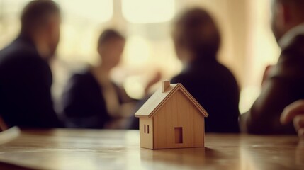 A group of professionals discusses real estate trends in a well-lit room. A wooden model house sits prominently on the table, symbolizing the central theme of the conversation.