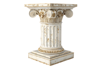 A distressed Ionic-style column featuring ornate volutes, fluted shaft, and floral details. Its weathered appearance adds an antique charm, isolated on a transparent background