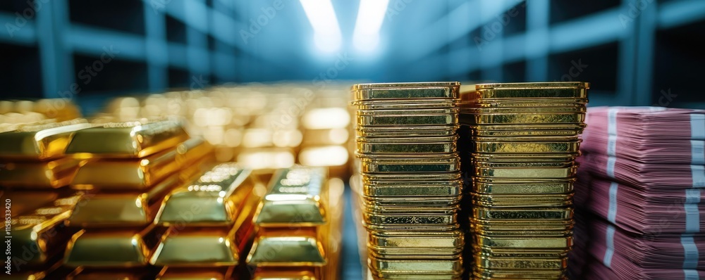 Poster Wealth gold concept. Wealth stored in gold bars and currency stacks in a secure vault.