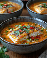 Creamy Fish Soup, White Fish & Herb Garnish, Tabletop Setting, for Advertisements or Editorials