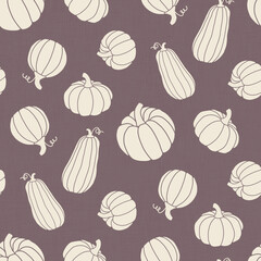 Autumn harvest fabric. Pumpkins on a purple background. 