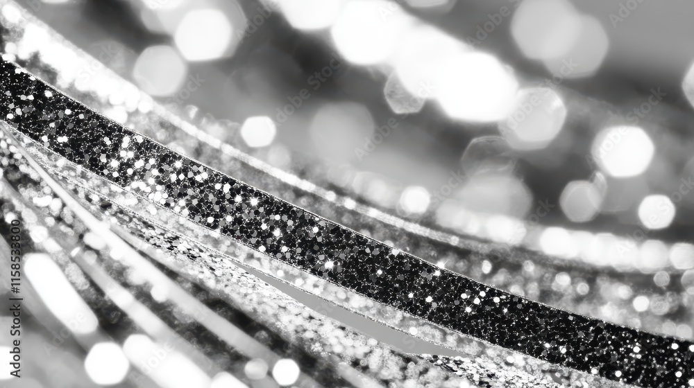Poster a shimmering, monochromatic abstract of sparkling glitter strands that create a dynamic, elegant vis