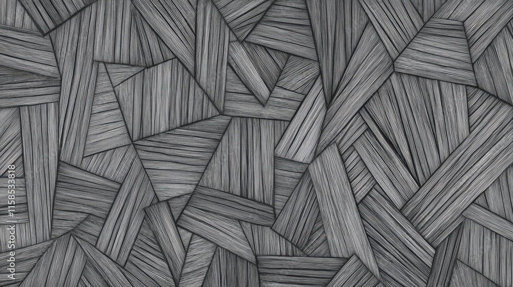 Poster abstract grayscale geometric pattern resembling wood grain, featuring irregular polygons and lines.
