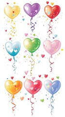 Heart-Themed Balloon and Ribbon Graphic Elements Set, Heart-Shaped Balloons and Decorations,Valentine’s Day, Day of Love