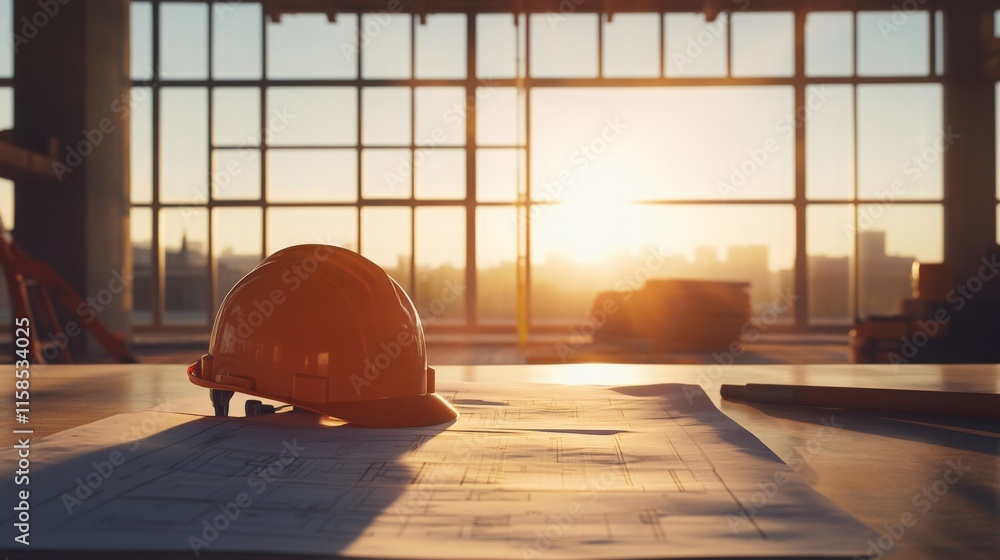 Aufkleber a safety helmet rests on architectural plans inside a spacious construction site bathed in warm suns