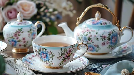 Fototapeta premium A delicately designed tea set ready for a charming afternoon