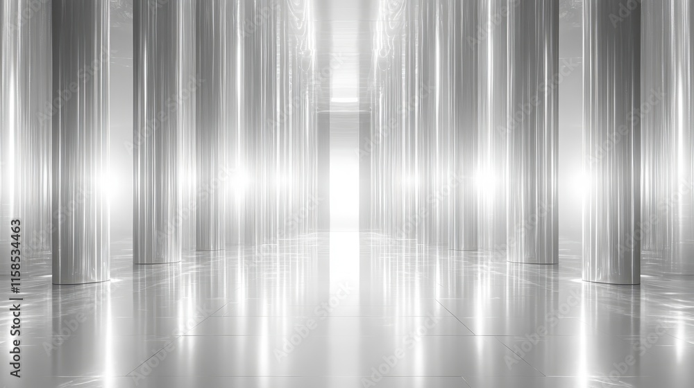 Poster a bright, reflective corridor with light streaming through, creating a futuristic and minimalist atm