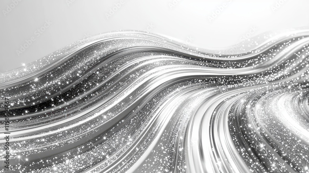 Poster a flowing, abstract design featuring shimmering silver waves and sparkling elements on a light backg