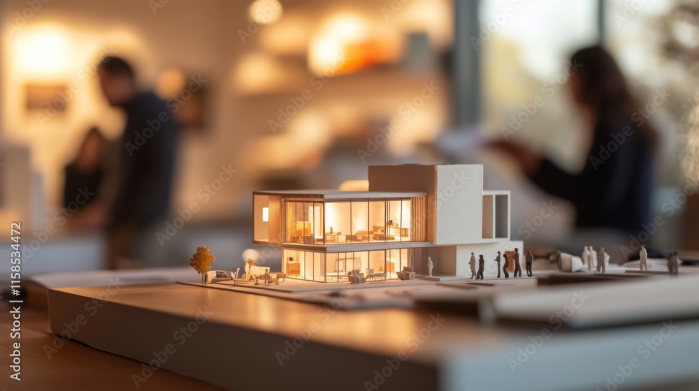 Poster a detailed architectural model is presented on a table amid a workspace filled with professionals di