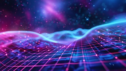 Abstract Digital Landscape: Neon Grid and Celestial Nebula