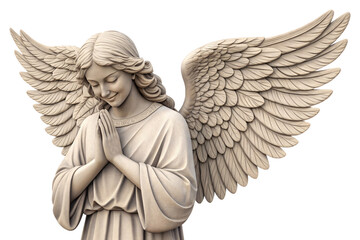 A serene angel statue with flowing hair, detailed wings, and hands clasped in prayer, radiating peace and spirituality, isolated on a transparent background