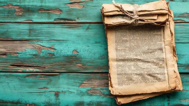 Vintage papers resting on a weathered wooden table with turquoise finish in a rustic setting
