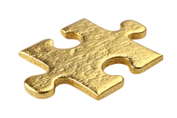 A textured gold puzzle piece, shining with a reflective surface. Its rugged texture and vibrant hue exude luxury and mystery, inviting connection and curiosity, isolated on a transparent background