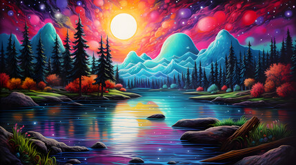 Digital trippy water painting of nature graphics poster background