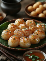 Golden Brown Dumplings or Tatertots, Sesame Seed Garnish, Leafy Base, Asian Restaurant Setting, Food Presentation for Commercial Use