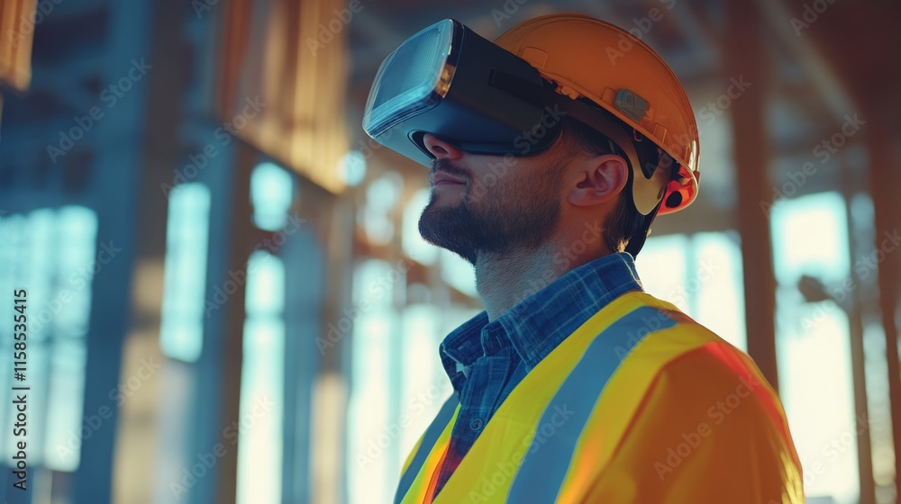 Leinwandbilder a construction worker wearing a virtual reality headset stands inside a building under construction.