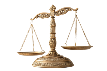 An ornate golden scale with intricate carvings and a round base. The chains holding the plates shimmer, embodying classical elegance and justice symbolism, isolated on a transparent background