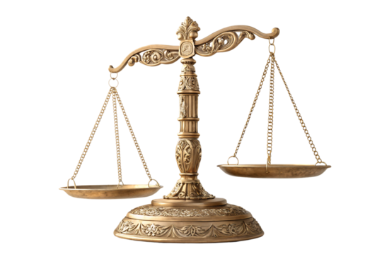 An ornate golden scale with intricate carvings and a round base. The chains holding the plates shimmer, embodying classical elegance and justice symbolism, isolated on a transparent background