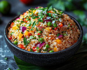 High-resolution rice salad close-up on rustic wood, for food and cooking concepts