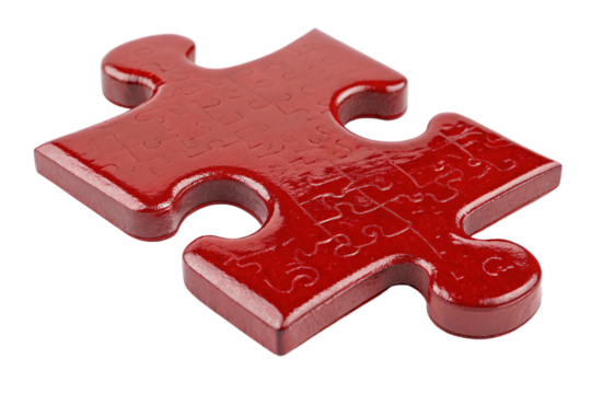 Close-up of a deep red, glossy puzzle piece. Smooth surface and embossed patterns evoke a sense of timeless elegance, isolated on a transparent background - Powered by Adobe
