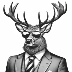 Gordijnen Handdrawn black and white illustration of a stylish deer with large antlers, wearing a suit, tie, and sunglasses. © piyawat