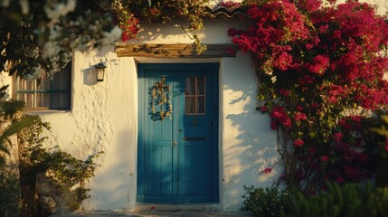 Charming blue door surrounded by vibrant flowers in a sunny garden, adding beauty and warmth to any home setting.