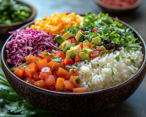 Fresh Food Assortment, Chopped Vegetables and Fruits, Rustic Bowl, Blurred Background, for Display or Advertisement