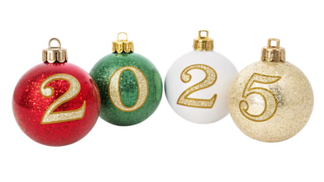 Four glittering Christmas ornaments forming 2025. Each ornament features gold numbers on vibrant red, green, white, and golden backgrounds, isolated on a transparent background - Powered by Adobe