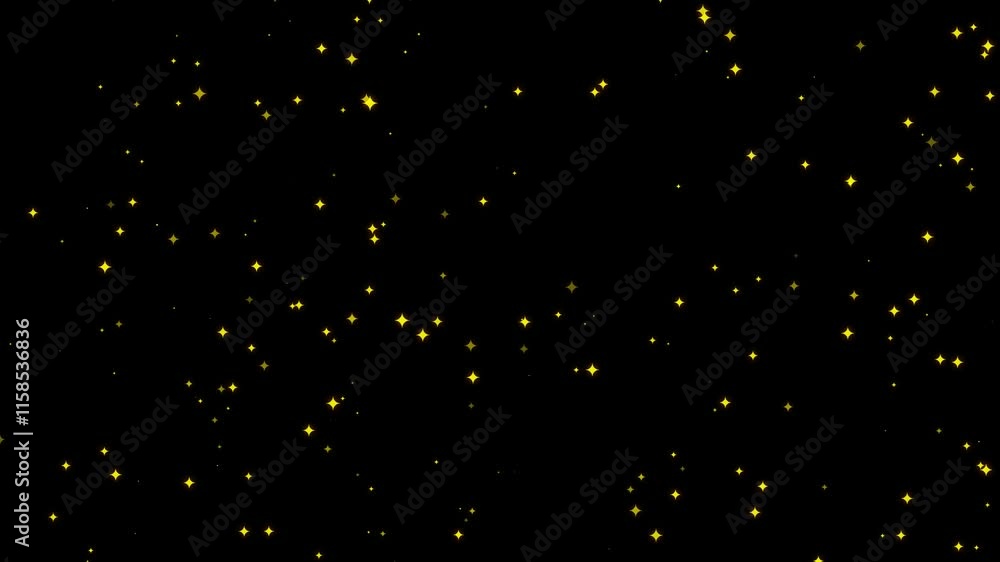 Poster yellow glowing sparkle particles isolated on a black background, horizontal composition. loop animat