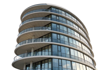 Multi-story curved building with reflective windows, expansive balconies, and minimalist design, blending modern living spaces with city aesthetics, isolated on a transparent background