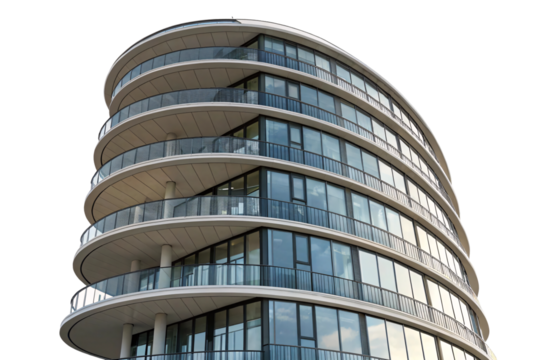 Multi-story curved building with reflective windows, expansive balconies, and minimalist design, blending modern living spaces with city aesthetics, isolated on a transparent background