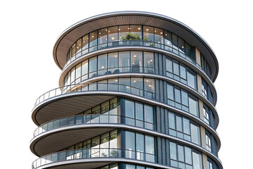 Rounded glass-fronted building with balconies, sleek metal framing, and soft interior lighting, showcasing urban luxury and architectural innovation, isolated on a transparent background