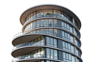 Rounded glass-fronted building with balconies, sleek metal framing, and soft interior lighting, showcasing urban luxury and architectural innovation, isolated on a transparent background
