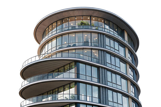 Rounded glass-fronted building with balconies, sleek metal framing, and soft interior lighting, showcasing urban luxury and architectural innovation, isolated on a transparent background