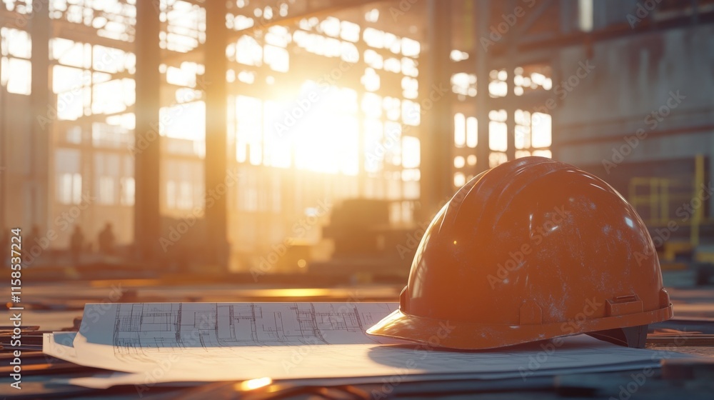 Poster An orange safety helmet rests on top of architectural plans at a construction site. The warm glow of sunset filters through the building, highlighting the busy environment and ongoing work.