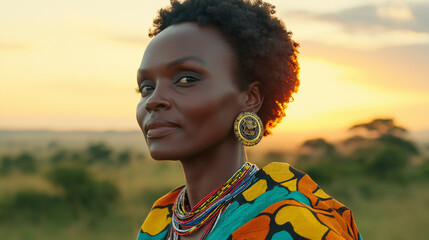 Portrait of a Maasai woman at sunset in Africa.
