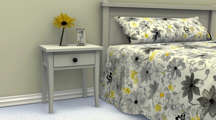 Cozy bedroom scene with floral bedding and a nightstand.
