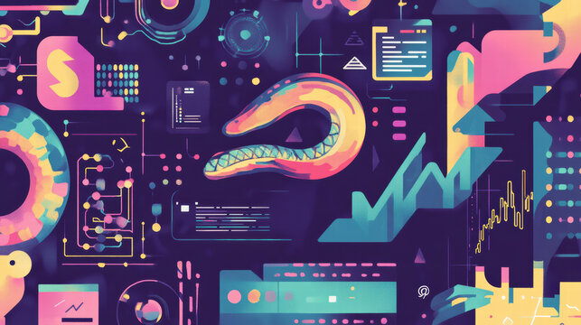 vibrant collage of Python programming elements, featuring stylized snake, code snippets, and data visualizations, perfect for web development enthusiasts