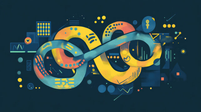 vibrant conceptual illustration of Python programming, featuring infinity symbol intertwined with colorful patterns and abstract shapes, representing endless possibilities in coding