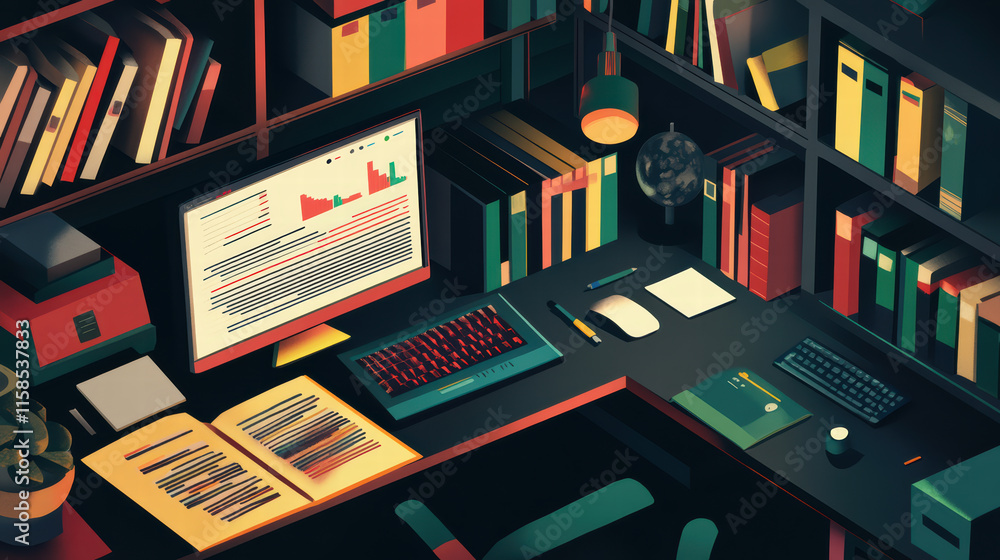 Poster creative coding environment featuring computer, books, and stationery. workspace is organized with c