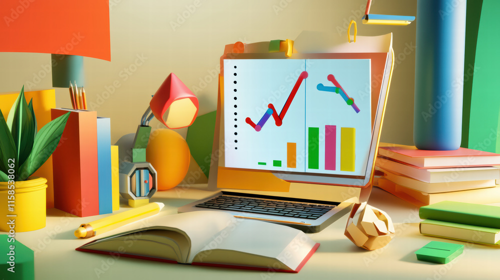Poster creative coding environment featuring laptop displaying colorful graphs, books, and stationery. vibr