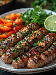 Grilled Meat Skewers with Vegetables, Middle Eastern or Mediterranean Cuisine, Outdoor Dining Setting on Tablecloth for Food Photography